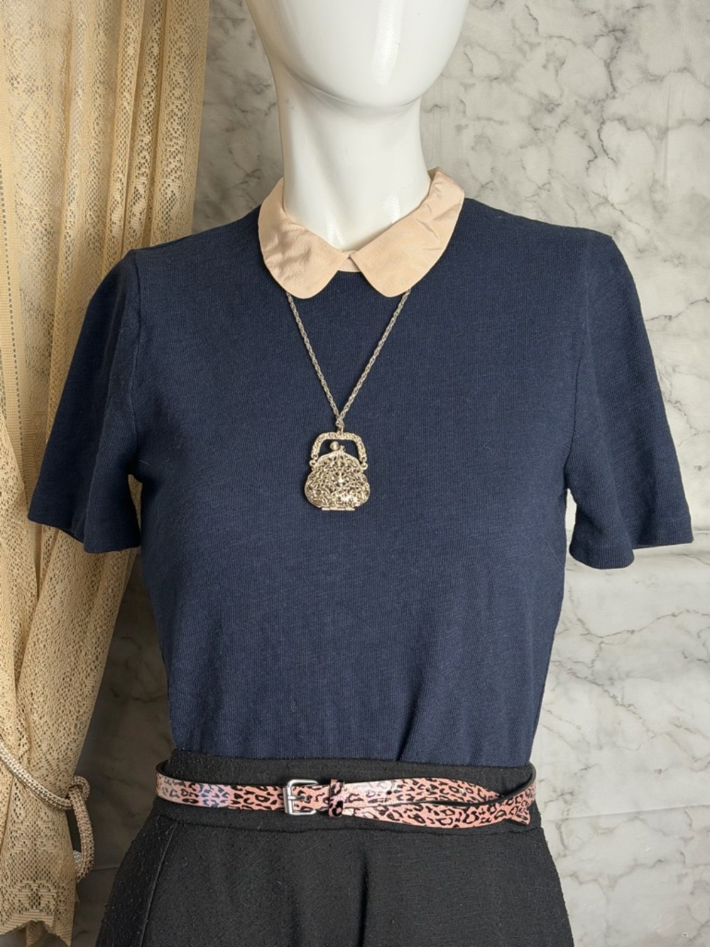 J. Crew Navy Top with Cream Peter Pan Collar